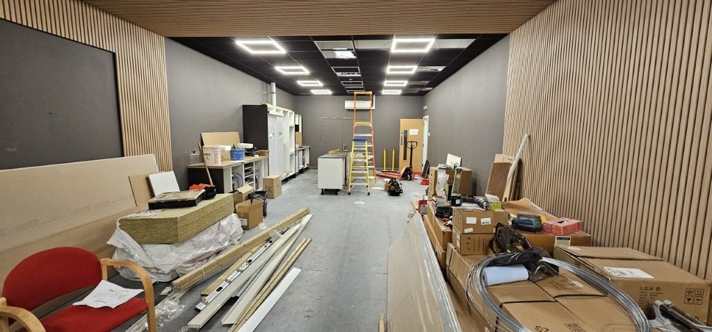 Slatwall installed up the walls and over the ceiling