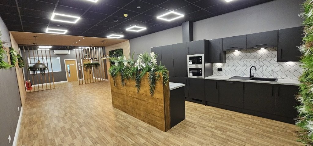 Finished kitchen with plants and lighting ready for furniture installation