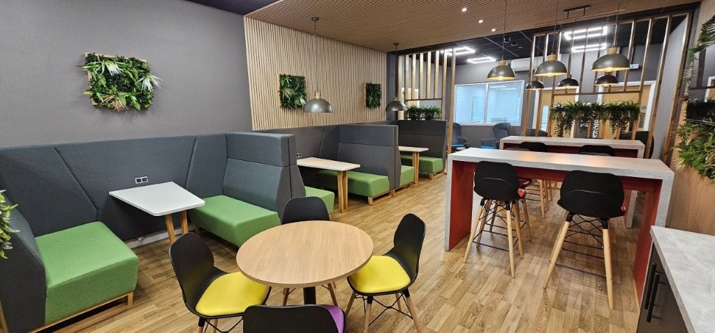 A colourful range of seating options within the breakout space