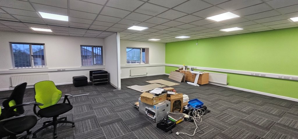 New carpet and bright green feature wall
