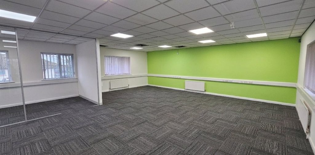 Bright green with modern carpet and bright lighting